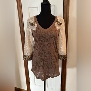 BKE Brown Animal Print Lace Sleeve Blouse